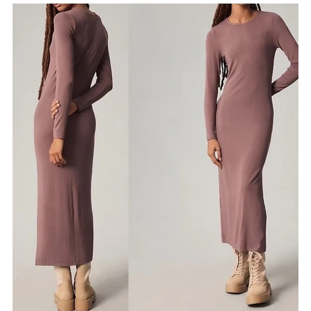 Anthropologie Bordeaux‎ XS Cocoa Ribbed Maxi Dress Bodycon Long Sleeve Side Slit